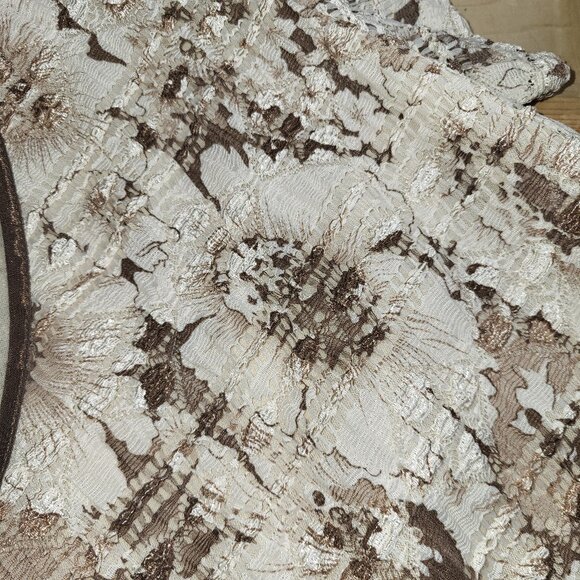 Worthington brown floral lace, lined V-neck stretch top, size Large - Picture 2 of 7